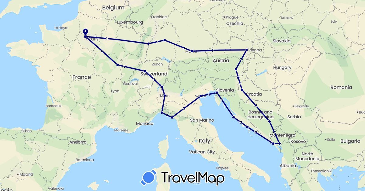 TravelMap itinerary: driving in Austria, Bosnia and Herzegovina, Switzerland, Germany, France, Croatia, Italy, Montenegro, Slovenia (Europe)